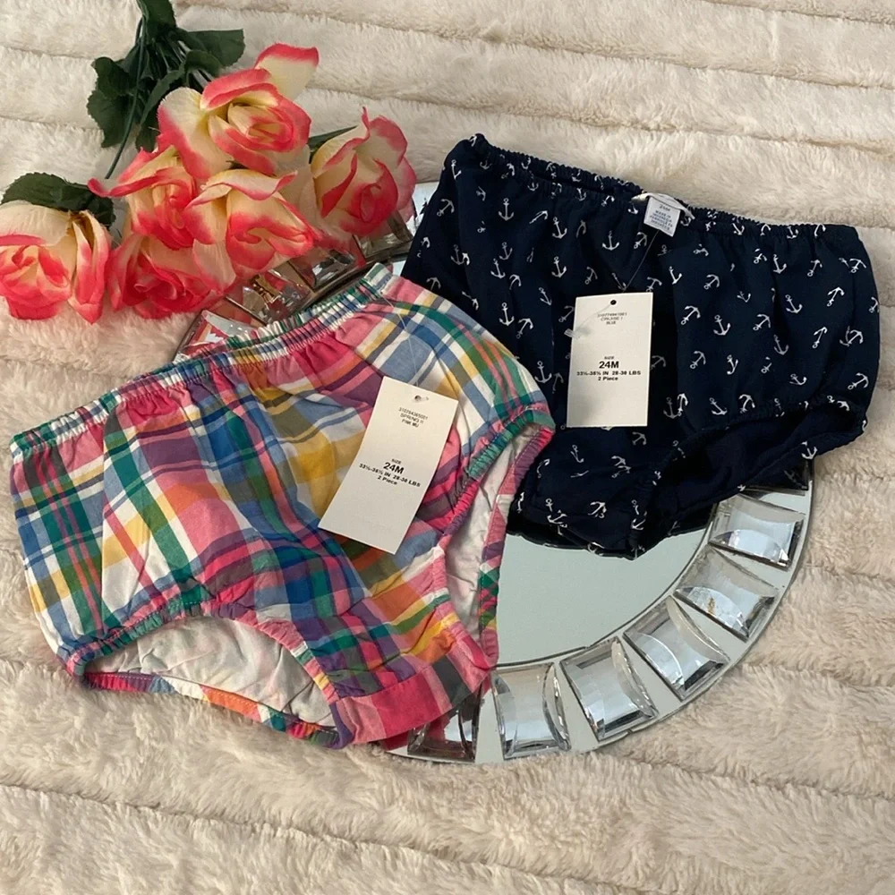 New Ralph Lauren Multicolor Plaid and Navy Anchor Print Bloomers 24M